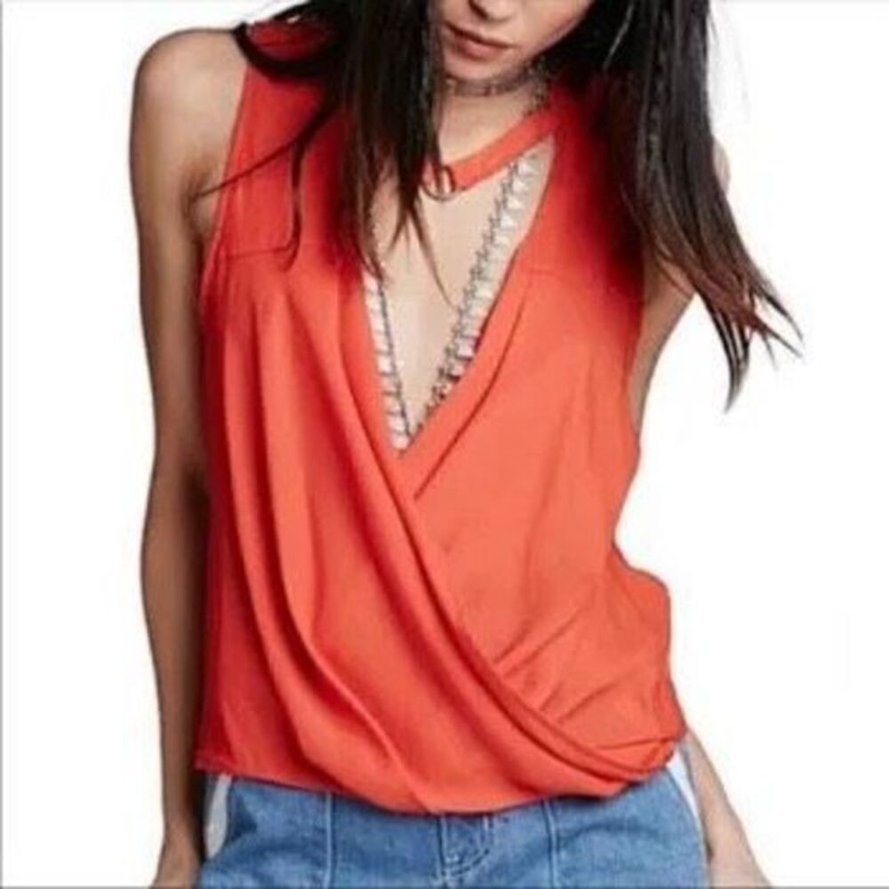 Free People Women’s So Fine Surplice Wrap Choker Tank Top‎ Orange Size Small